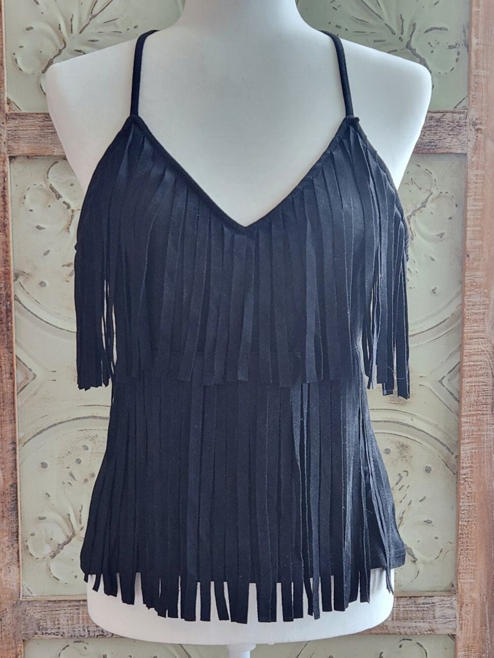 Blue B. Faux Suede Black Fringe Halter Racerback Top | Large